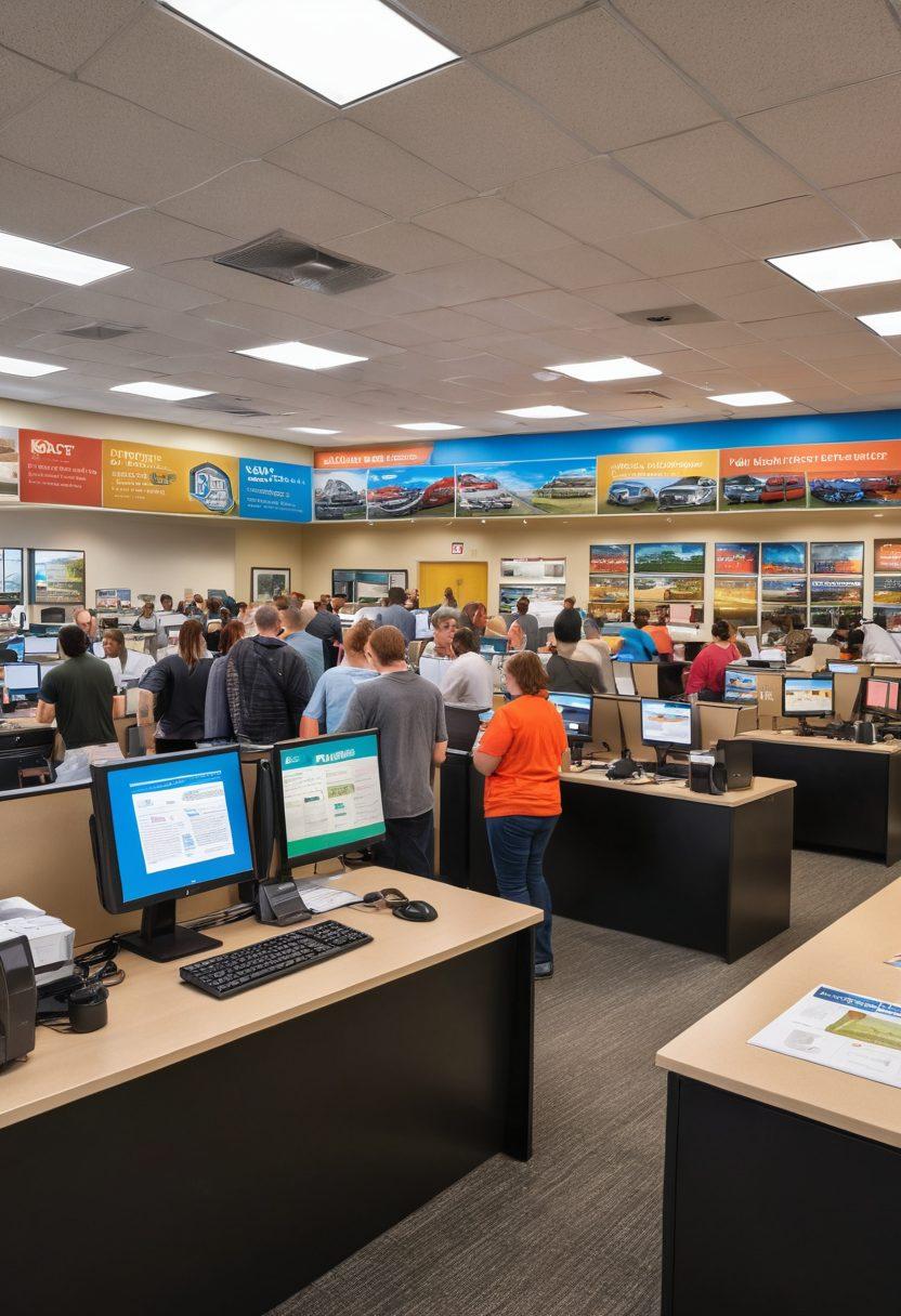 A bustling DMV office in Virginia, with friendly staff assisting diverse visitors. Include vibrant posters showcasing vehicle registration processes and local landmarks. Add a large digital screen displaying step-by-step guides. Show people happily interacting and using self-service kiosks. Create a warm and welcoming atmosphere. super-realistic. vibrant colors. bright lighting.