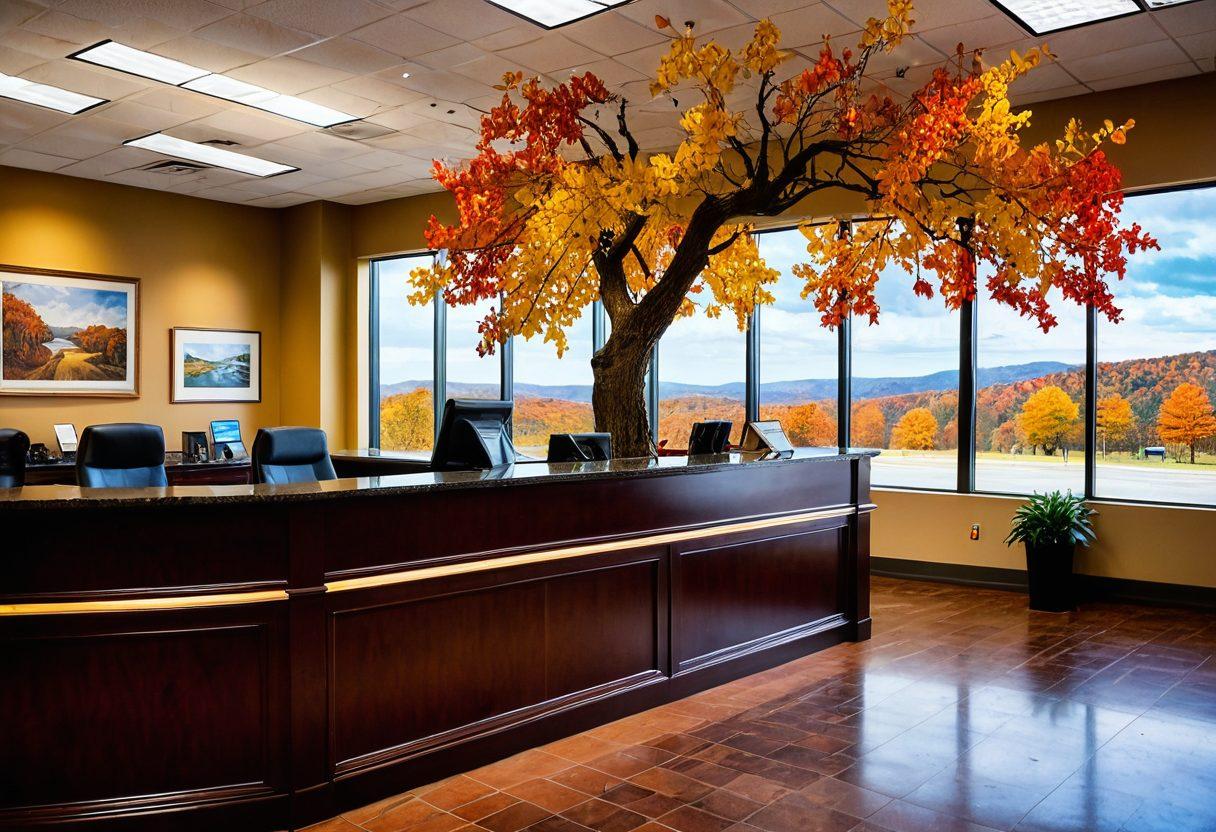 An inviting scene showcasing a charming DMV office nestled in a picturesque Virginia landscape, with rolling hills and vibrant foliage. Include friendly staff assisting diverse visitors at the registration counter, surrounded by informative brochures and Virginia-themed decorations. Capture a sense of community and ease in the vehicle registration process. Use soft, warm lighting to create an inviting atmosphere. super-realistic. vibrant colors.