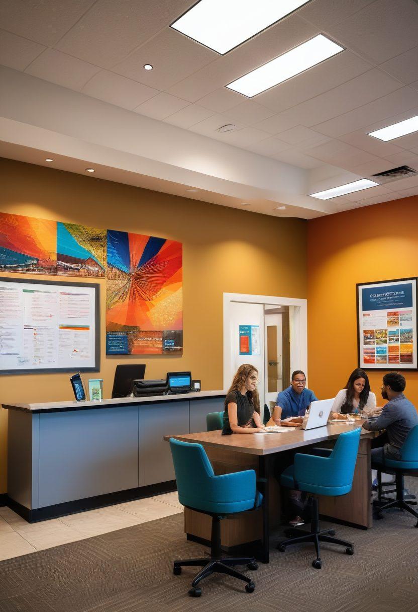 A vibrant and welcoming DMV office scene in Virginia, showcasing friendly staff assisting diverse customers with smiles, colorful brochures on a counter, a bright waiting area with comfortable seating, and a large Virginia state map on the wall. The atmosphere is lively and efficient, encapsulating the ease of registration and renewals. super-realistic. vibrant colors. welcoming ambiance.